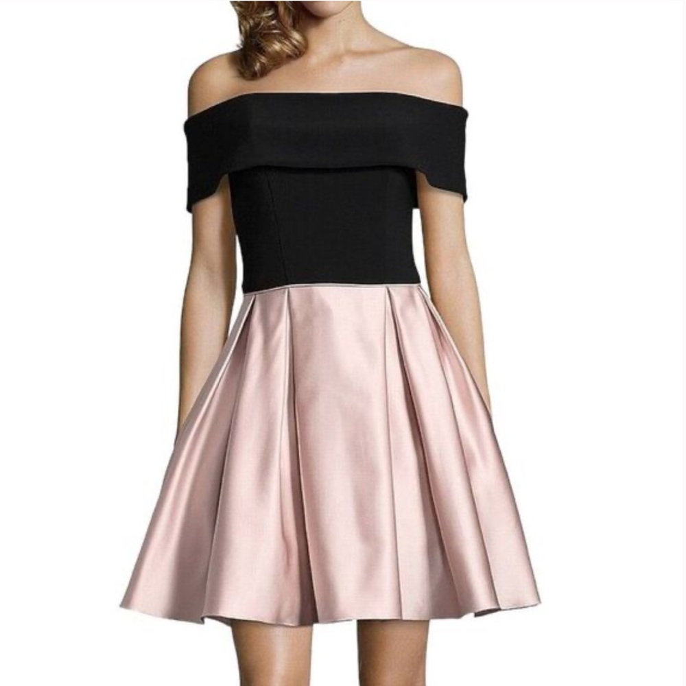 Betsy & Adam Off-Shoulder Black and Pink Midi Dress